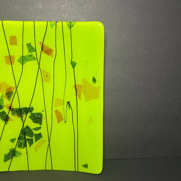 Art Deco Green Black Abstract Square Art Glass Lined & Glitter Flaked Plate 10" - Picture 3 of 6